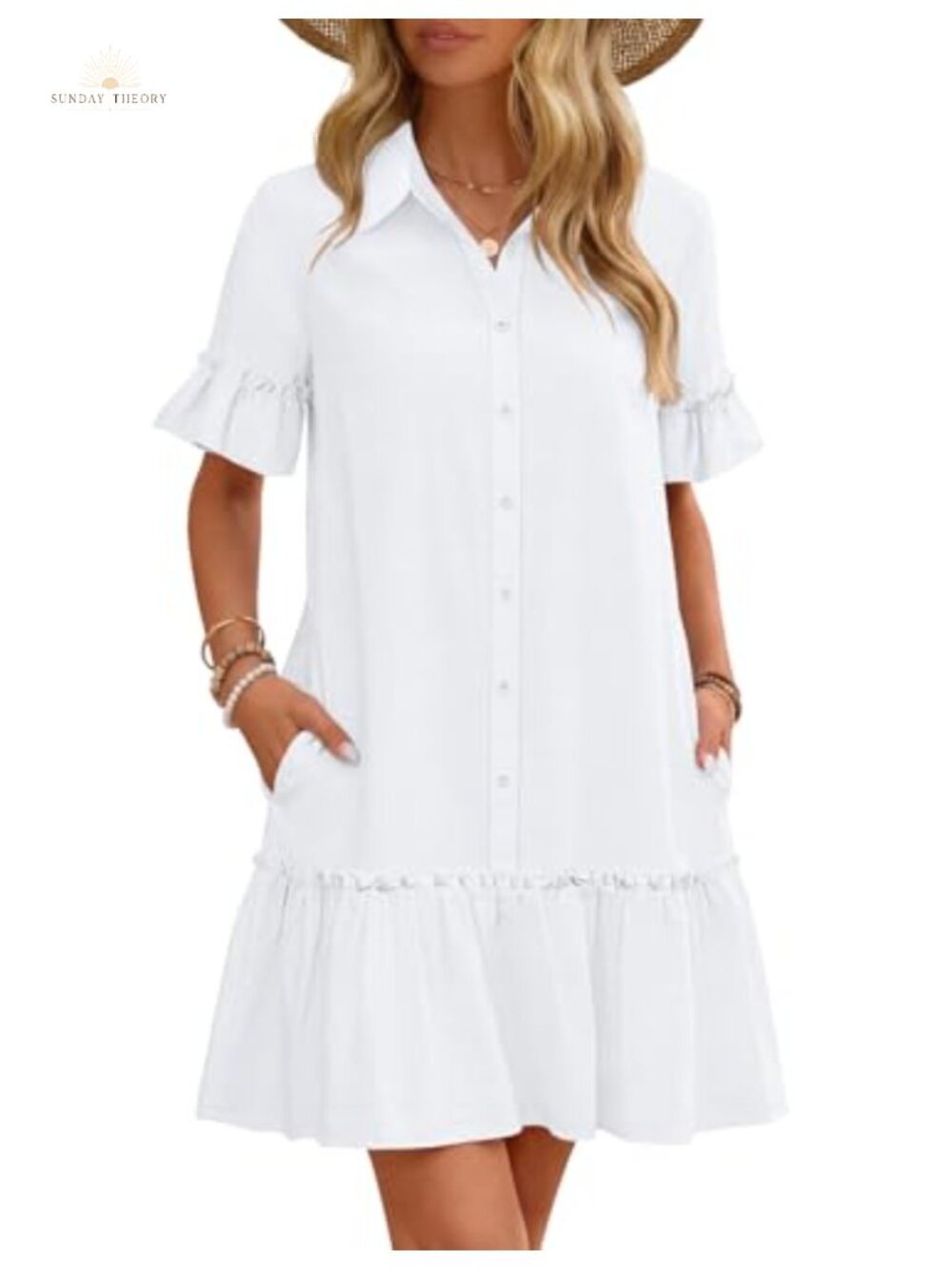 Women's Casual Button Down Shift Mini Dress Cotton Blend Short Sleeve